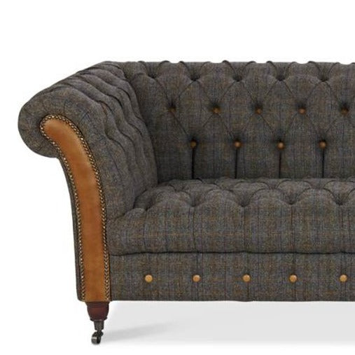 Bretby Two Seater Sofa Brown Cerato Leather and Uist Night Tweed
